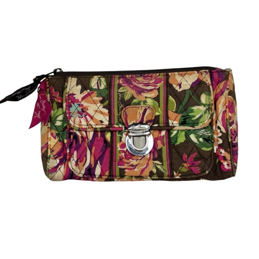 Vera Bradley English Rose Push-lock Wallet Retired Clutch Brown Pink Purple